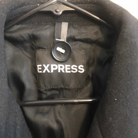Express Mens Coat Black Double Breasted Peacoat Lined Wool Blend Large - Picture 4 of 13